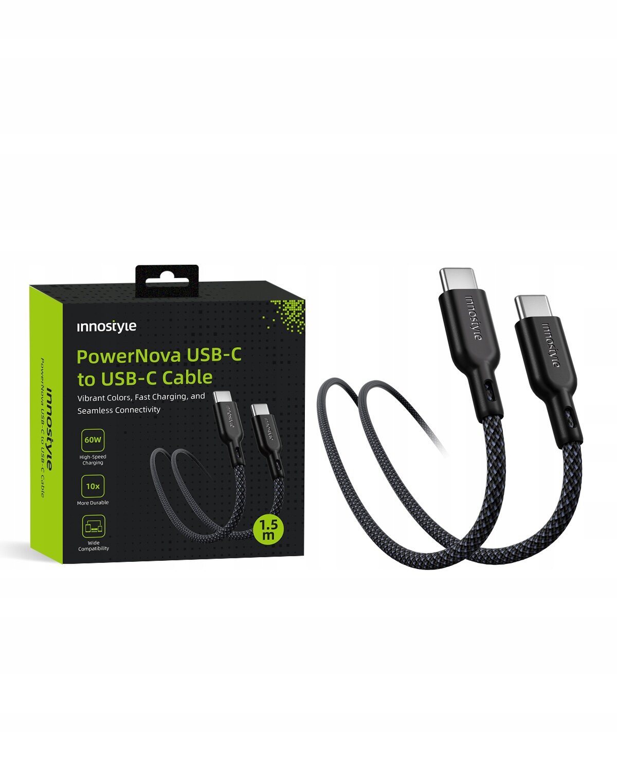 Na obrazie widoczny jest czarny kabel USB-C z plecionym oplotem oraz opakowanie z napisem \'Innostyle PowerNova USB-C to USB-C Cable\'. Opakowanie zawiera informacje o długości 1,5 m i mocy 60W.