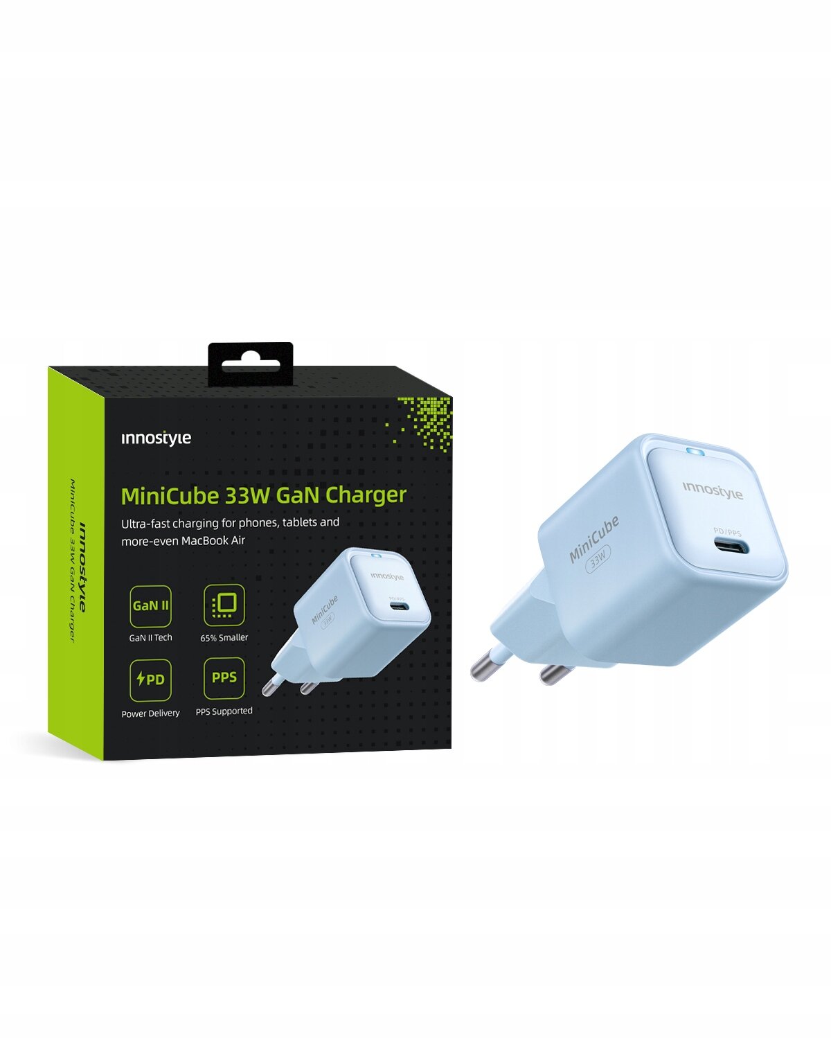 Na obrazie widoczna jest szybka ładowarka USB-C w kolorze jasnoniebieskim oraz jej opakowanie z napisem \'innostyle MiniCube 33W GaN Charger\'. Opakowanie zawiera dodatkowe informacje, takie jak \'GaN II Tech\', \'65% Smaller\', \'Power Delivery\', \'PPS Supported\'.