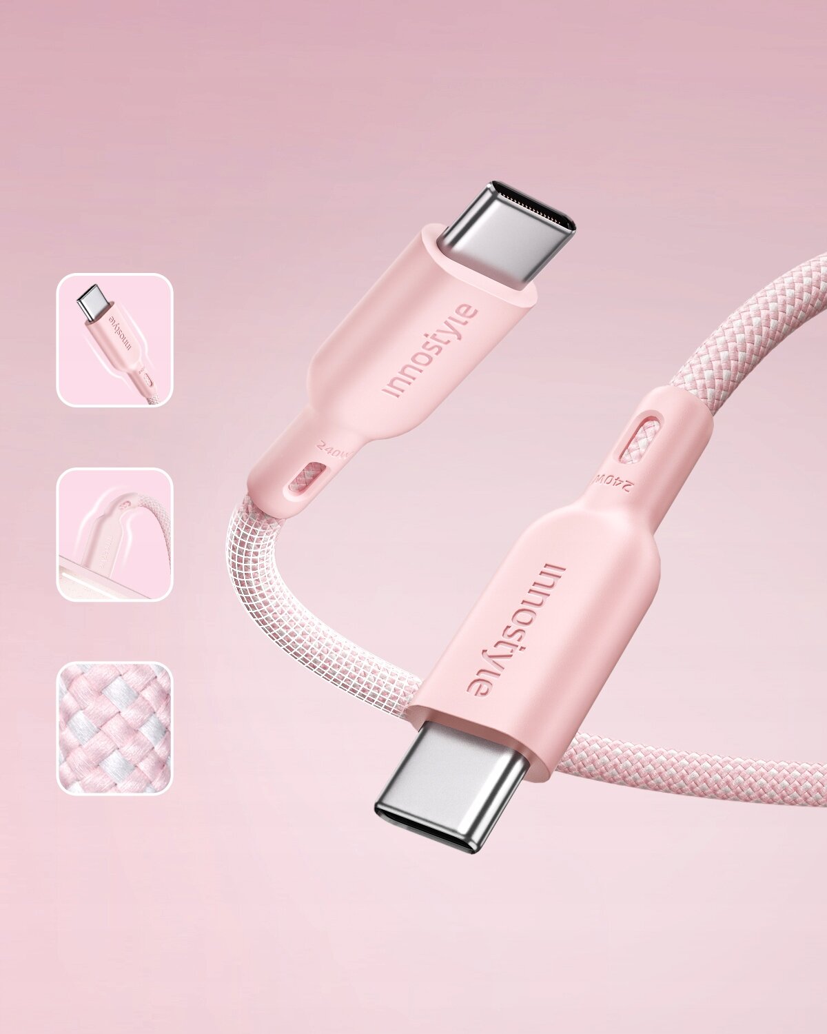 Różowy kabel USB-C z plecionym oplotem i napisami \'innostyle\' oraz \'240W\' na wtyczkach, na różowym tle. Obok znajdują się trzy małe ikony przedstawiające szczegóły kabla.