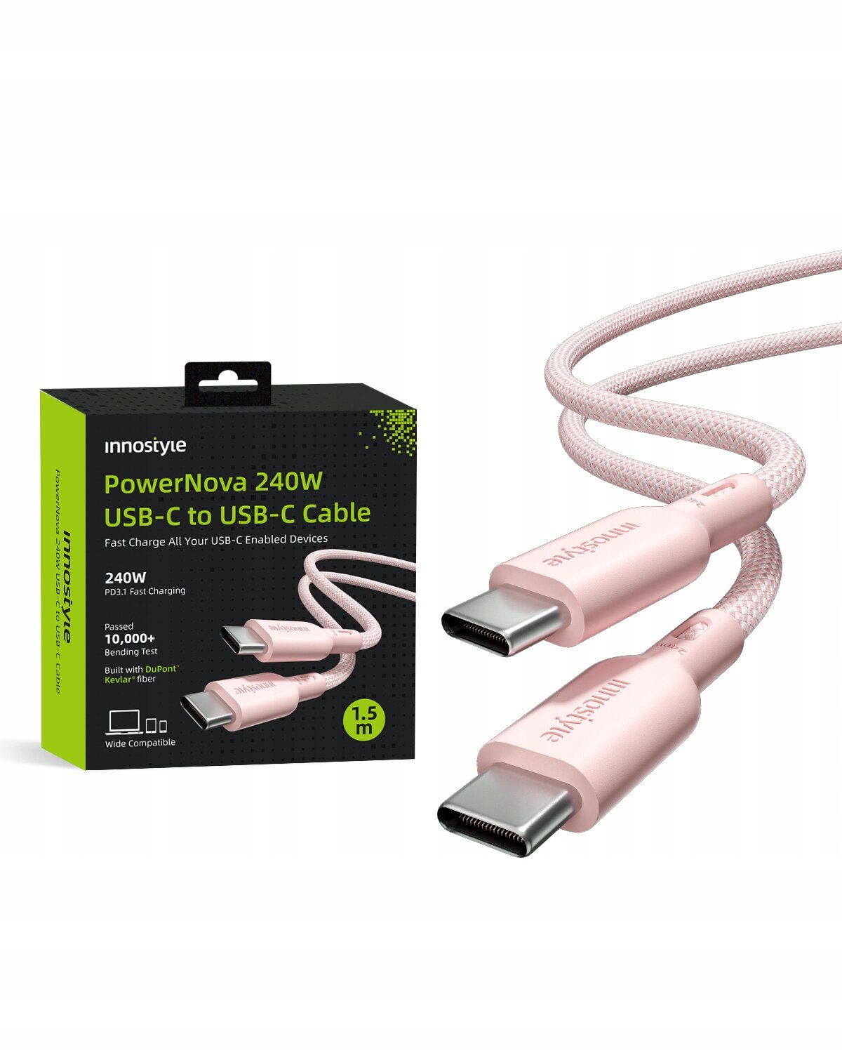 Na obrazie widoczny jest różowy kabel USB-C z napisem \'innostyle\' oraz opakowanie z napisem \'innostyle PowerNova 240W USB-C to USB-C Cable\'.