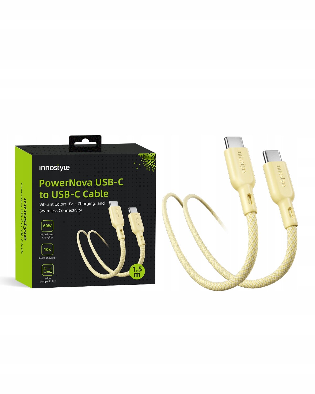 Na obrazie widoczny jest kabel USB-C w kolorze żółtym oraz opakowanie z napisem \'Innostyle PowerNova USB-C to USB-C Cable\'. Opakowanie zawiera informacje o funkcjach kabla, takich jak szybkie ładowanie 60W i długość 1,5 m.