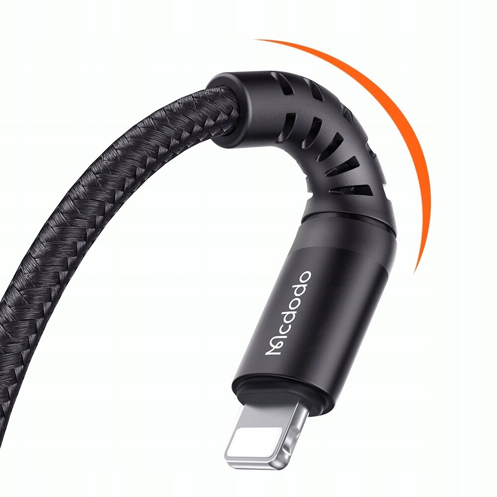 Czarny kabel USB-C Lightning z elastycznym złączem i plecioną osłoną, oznaczony logo \'Mcdodo\'.
