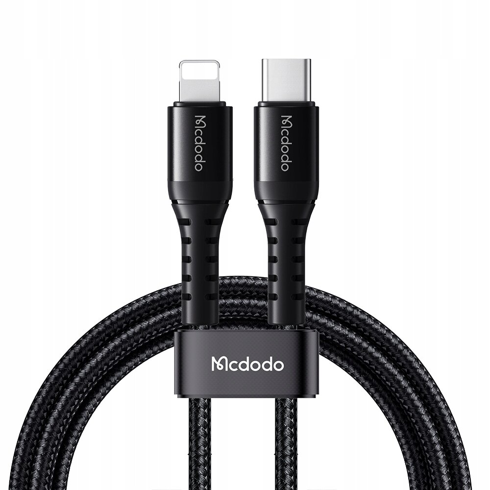 Na obrazie widoczny jest czarny kabel z dwoma końcówkami: USB-C i Lightning, z logo \'Mcdodo\' na obu wtyczkach. Kabel jest opleciony materiałem, co sugeruje jego wytrzymałość.