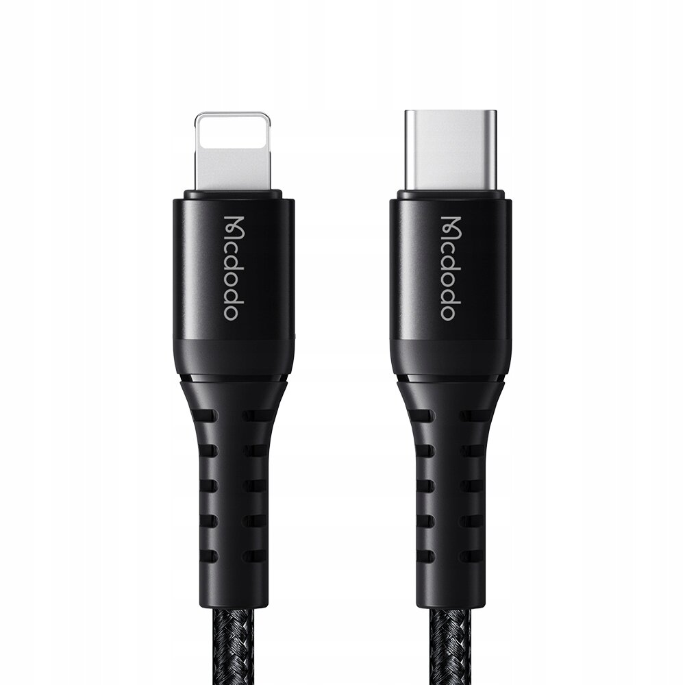 Na obrazie widoczne są dwa czarne złącza kabli: USB-C i Lightning, z logo \'Mcdodo\' na obu końcówkach. Kable mają plecioną osłonę.