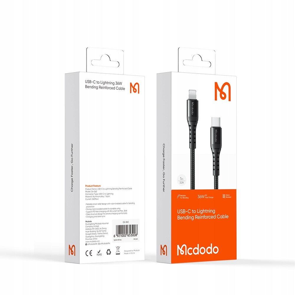 Opakowanie produktu Mcdodo z kablem USB-C do Lightning o długości 1m, przeznaczonego do szybkiego ładowania. Na opakowaniu widoczne są informacje o mocy 36W oraz logo Mcdodo.