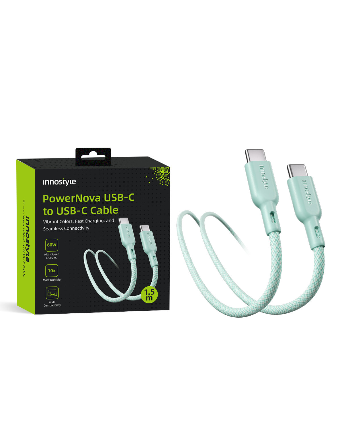 Na obrazie widoczny jest kabel USB-C w kolorze miętowym oraz opakowanie z napisem \'Innostyle PowerNova USB-C to USB-C Cable\'. Opakowanie zawiera informacje o mocy 60W, szybkim ładowaniu i długości 1,5 m.