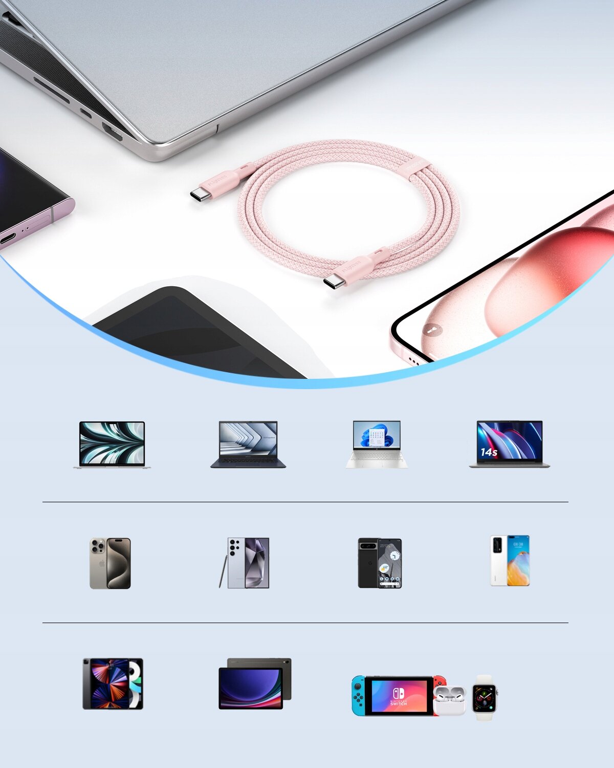 Na obrazie widoczny jest różowy kabel USB-C leżący na białej powierzchni, otoczony różnymi urządzeniami elektronicznymi, takimi jak laptopy i smartfony. W dolnej części obrazu znajdują się ikony różnych urządzeń, w tym laptopów, smartfonów, tabletów i konsoli do gier.