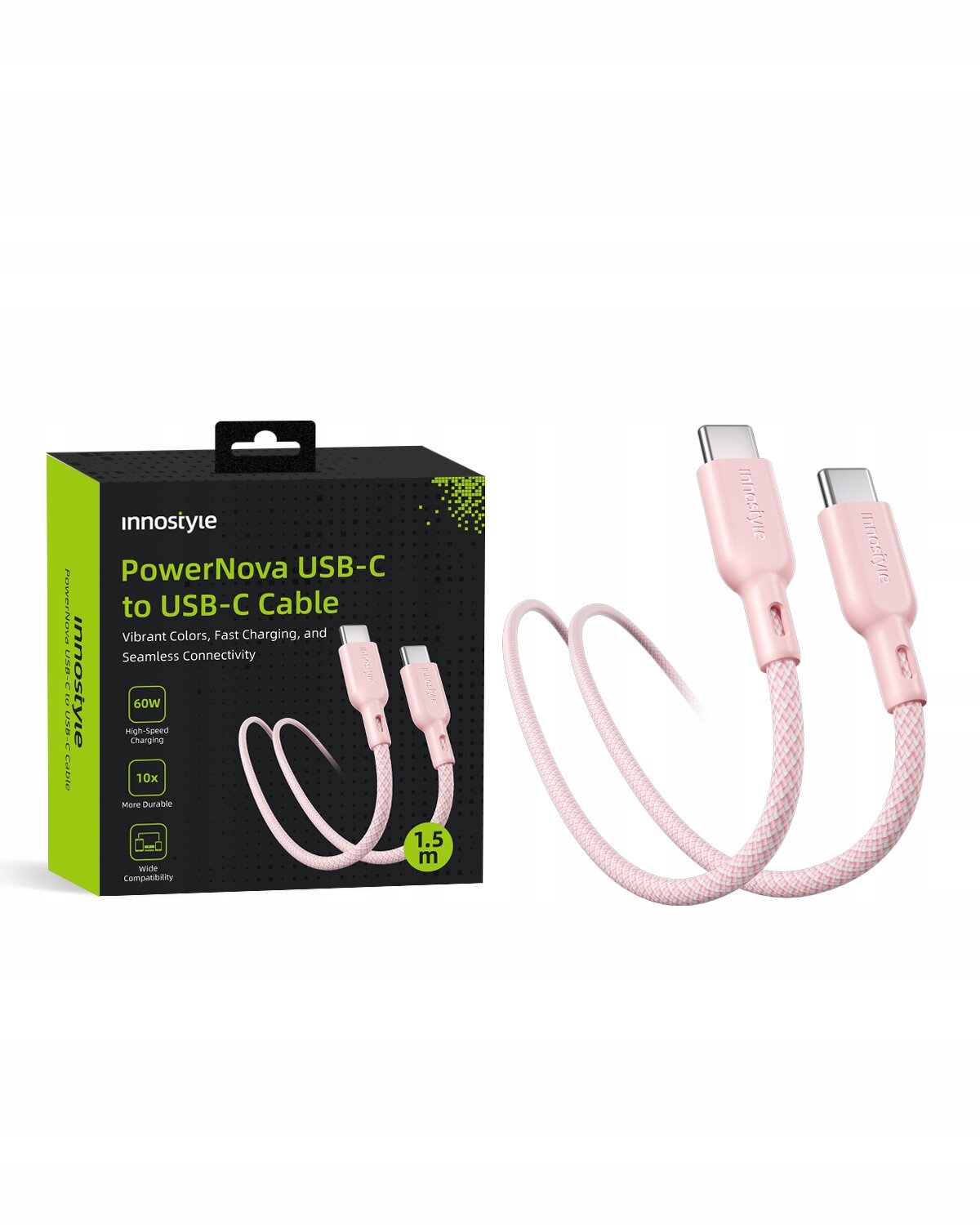 Na obrazie znajduje się różowy kabel USB-C do USB-C oraz opakowanie z napisem \'Innostyle PowerNova USB-C to USB-C Cable\'. Opakowanie zawiera informacje: \'60W High-Speed Charging\', \'10x More Durable\' oraz \'1.5 m\'.