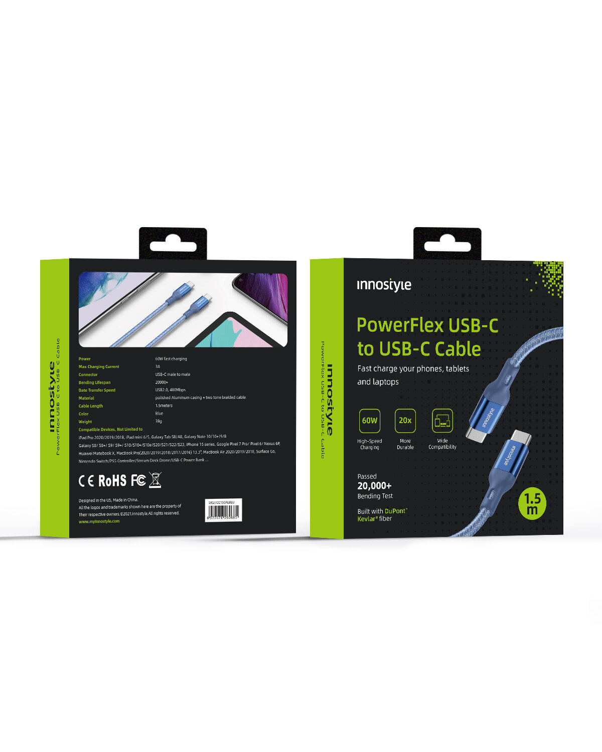 Opakowanie kabla Innostyle PowerFlex USB-C do USB-C z informacjami o szybkim ładowaniu, wytrzymałości na zginanie oraz zastosowaniu włókna Kevlar. Widoczne są zdjęcia kabla oraz specyfikacje techniczne, takie jak długość 1,5 m i moc 60W.