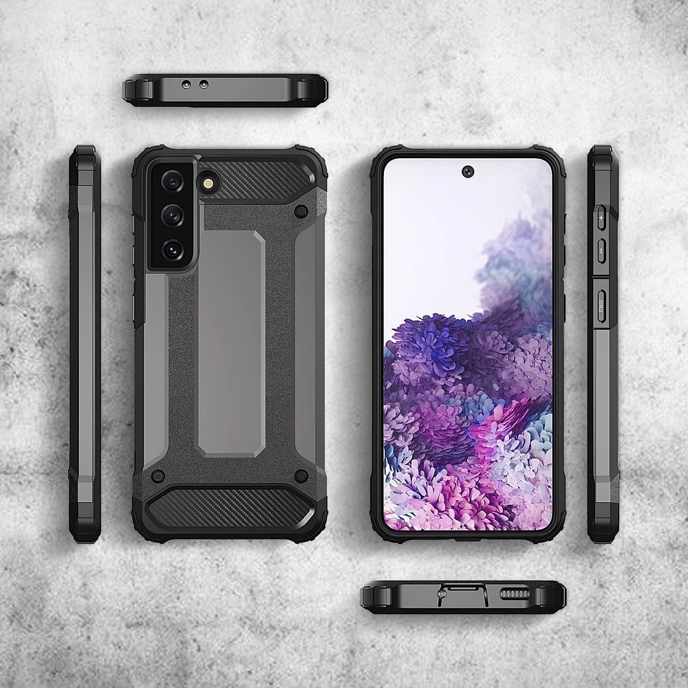 Obraz przedstawia czarne, pancerne etui na telefon Samsung Galaxy S22+, widoczne z różnych perspektyw. Etui ma solidną konstrukcję z wyraźnymi wzmocnieniami i teksturą na powierzchni.