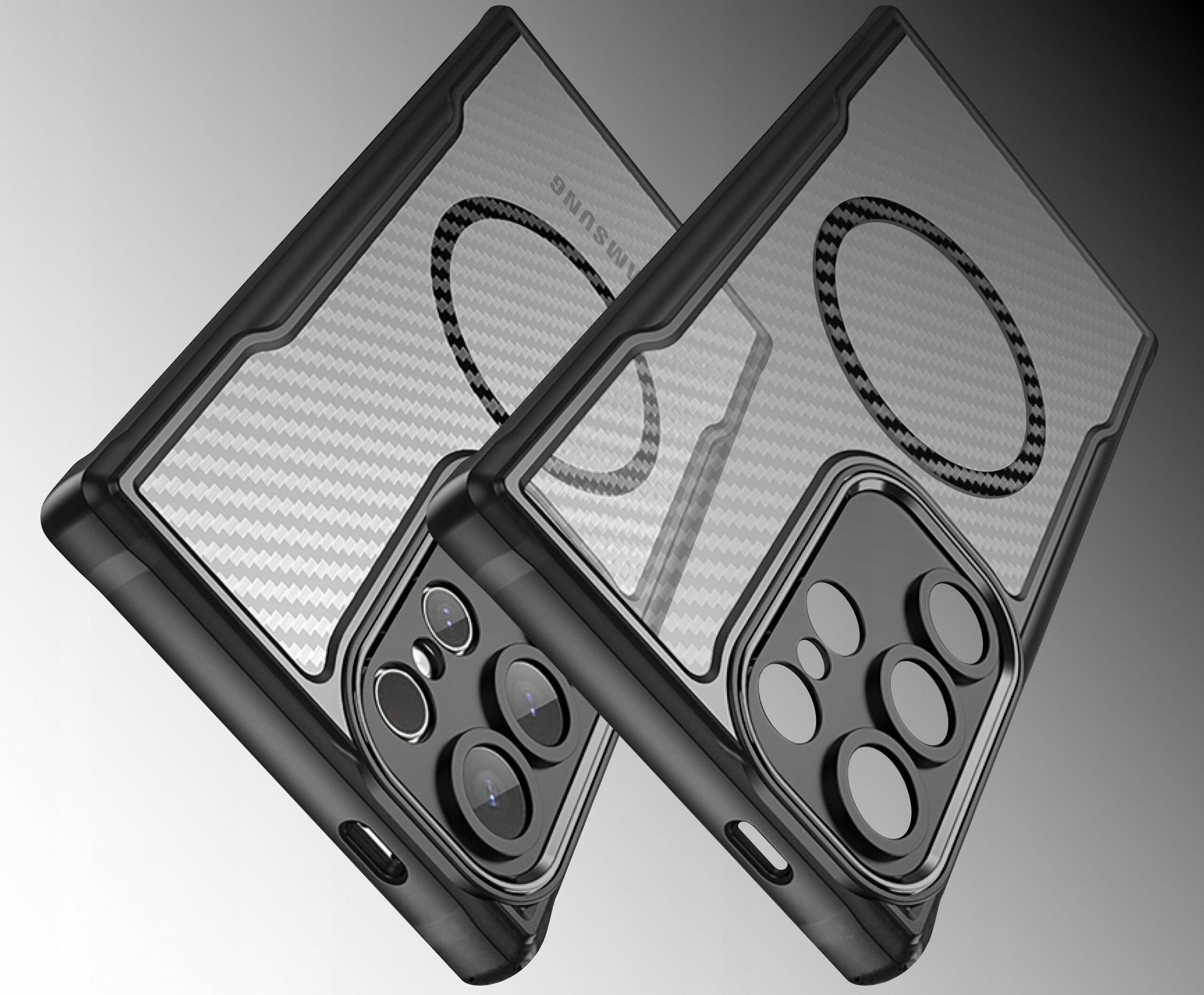 Obraz przedstawia dwa czarne, pancerne etui z przezroczystymi elementami i wzorem przypominającym włókno węglowe, przeznaczone do telefonu Samsung. Na jednym z etui widoczny jest napis \'SAMSUNG\'.
