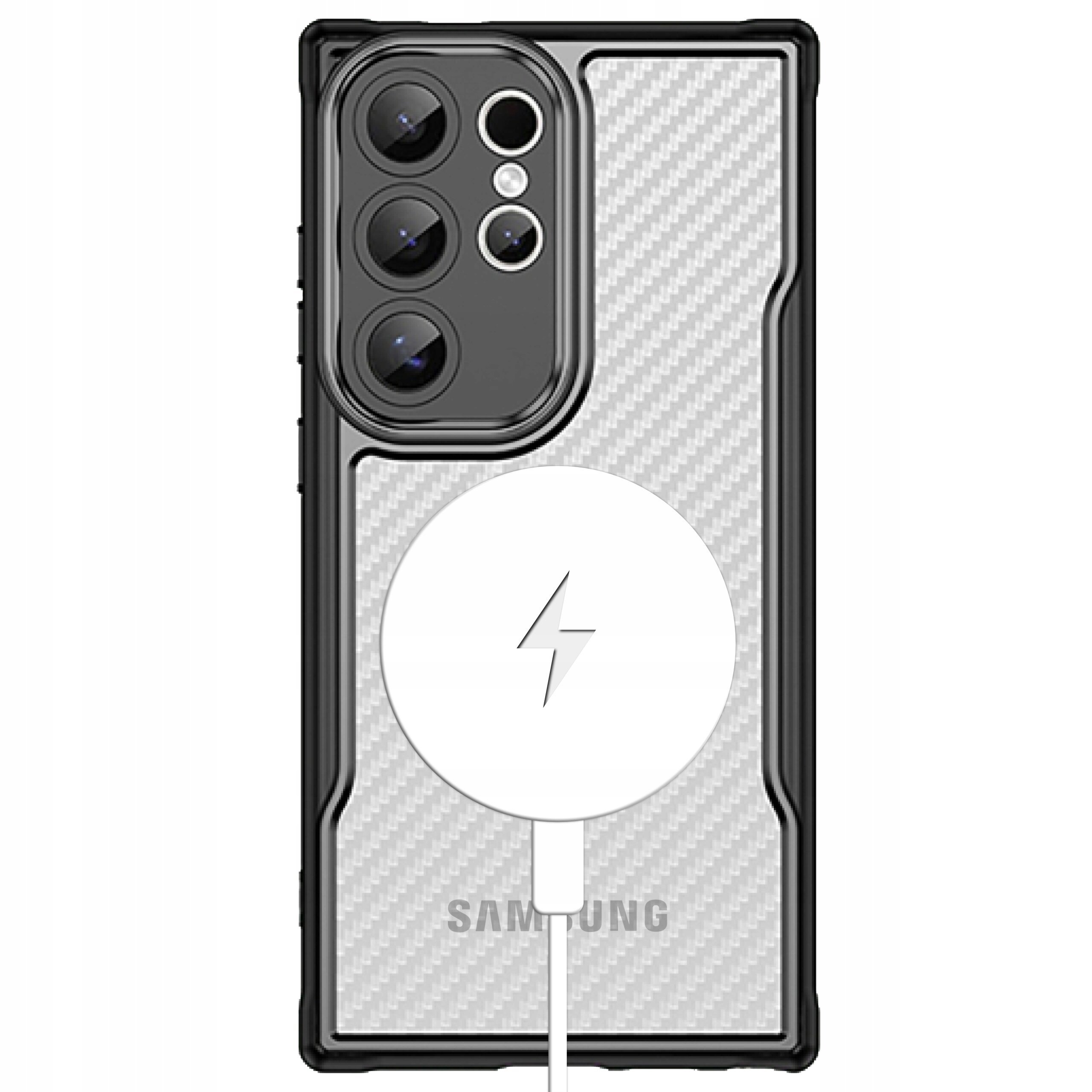 Obraz przedstawia czarne, pancerne etui na telefon z widocznym logo Samsung. Etui posiada wzmacniane krawędzie i okrągły element na środku z symbolem błyskawicy, sugerującym kompatybilność z ładowaniem bezprzewodowym.