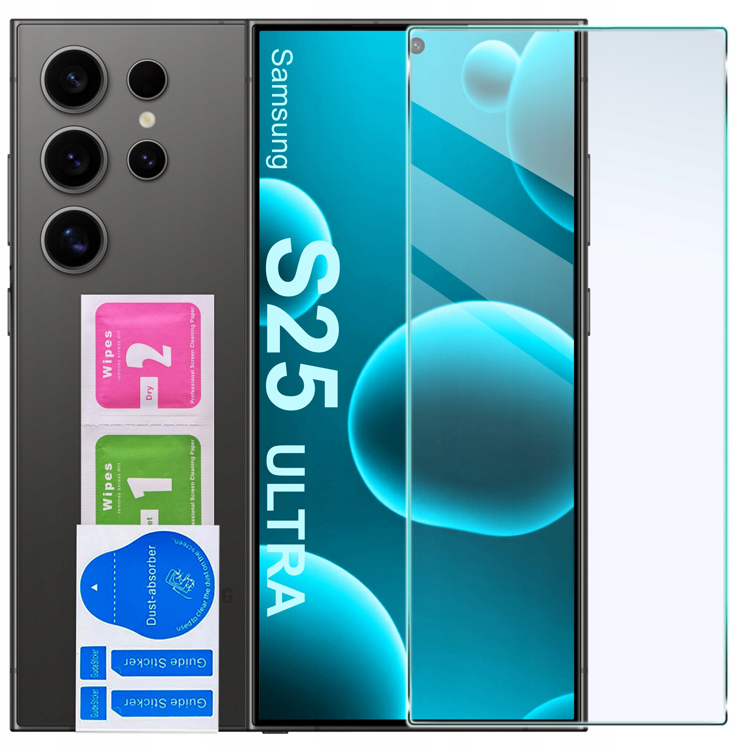 Na obrazie widoczny jest smartfon Samsung S25 Ultra z czterema aparatami z tyłu oraz szkłem ochronnym na ekranie. Obok znajdują się dwie ściereczki do czyszczenia oznaczone jako \'Wipes 1\' i \'Wipes 2\' oraz naklejki \'Dust-absorber\' i \'Guide sticker\'.