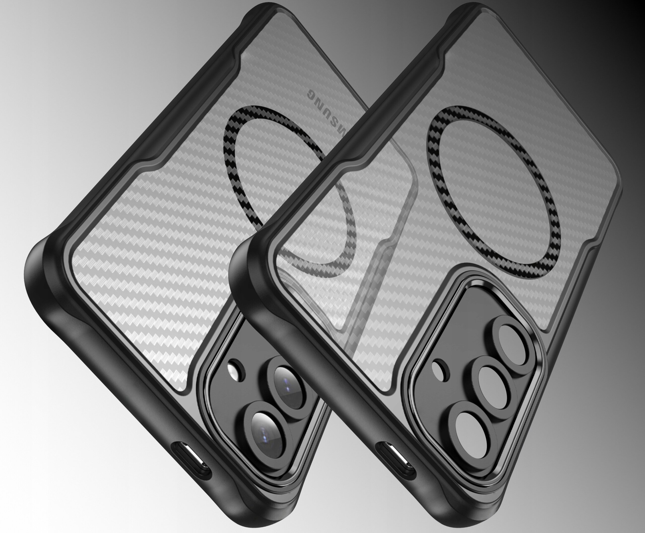 Dwa czarne, pancerne etui z przezroczystym tyłem i wzorem w kształcie okręgu, przeznaczone do telefonu Samsung. Etui posiadają wycięcia na aparat i porty, a na jednym z nich widoczny jest napis \'SAMSUNG\'.