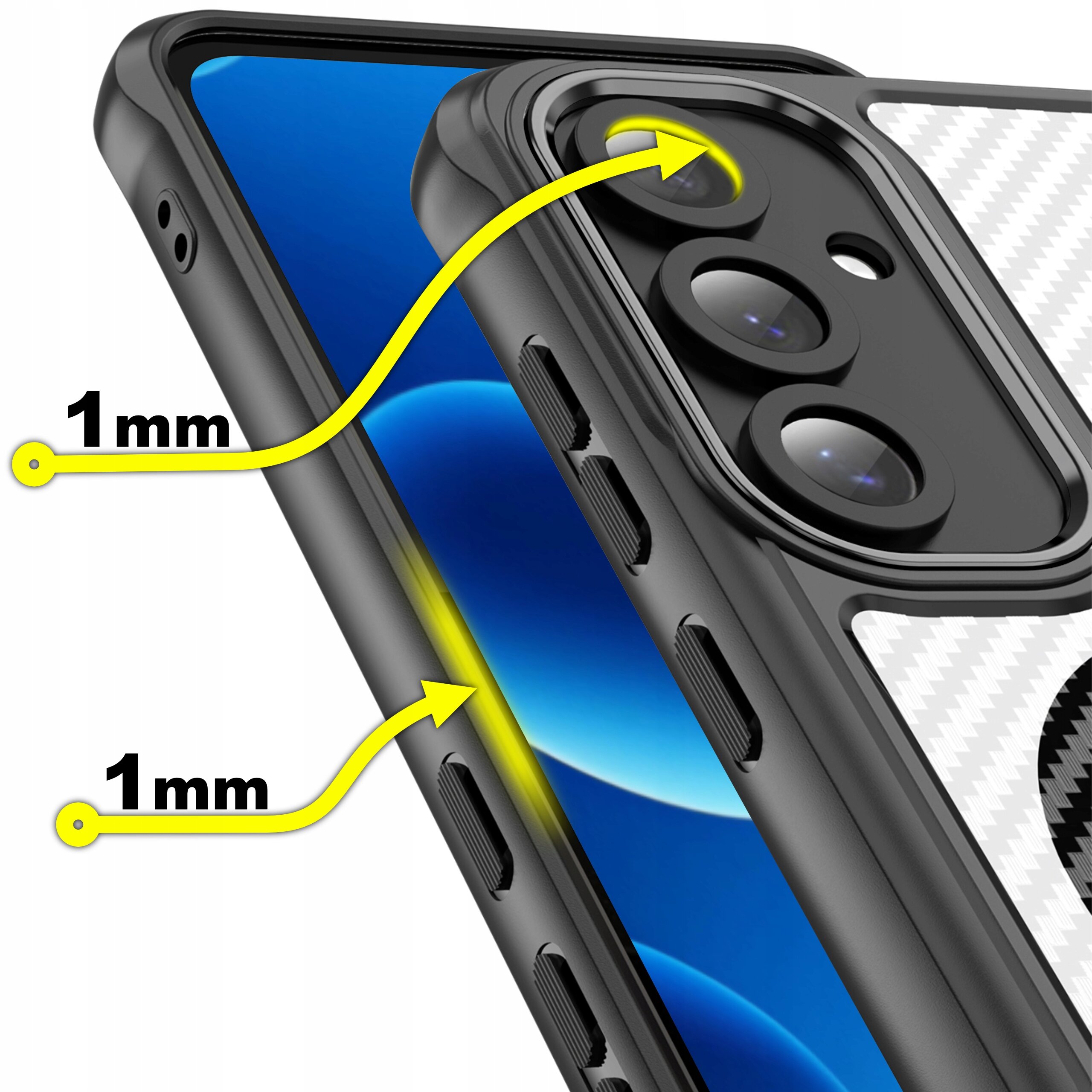 Obraz przedstawia czarne, pancerne etui na telefon z trzema widocznymi obiektywami aparatu. Na etui znajdują się żółte strzałki wskazujące na grubość 1 mm.