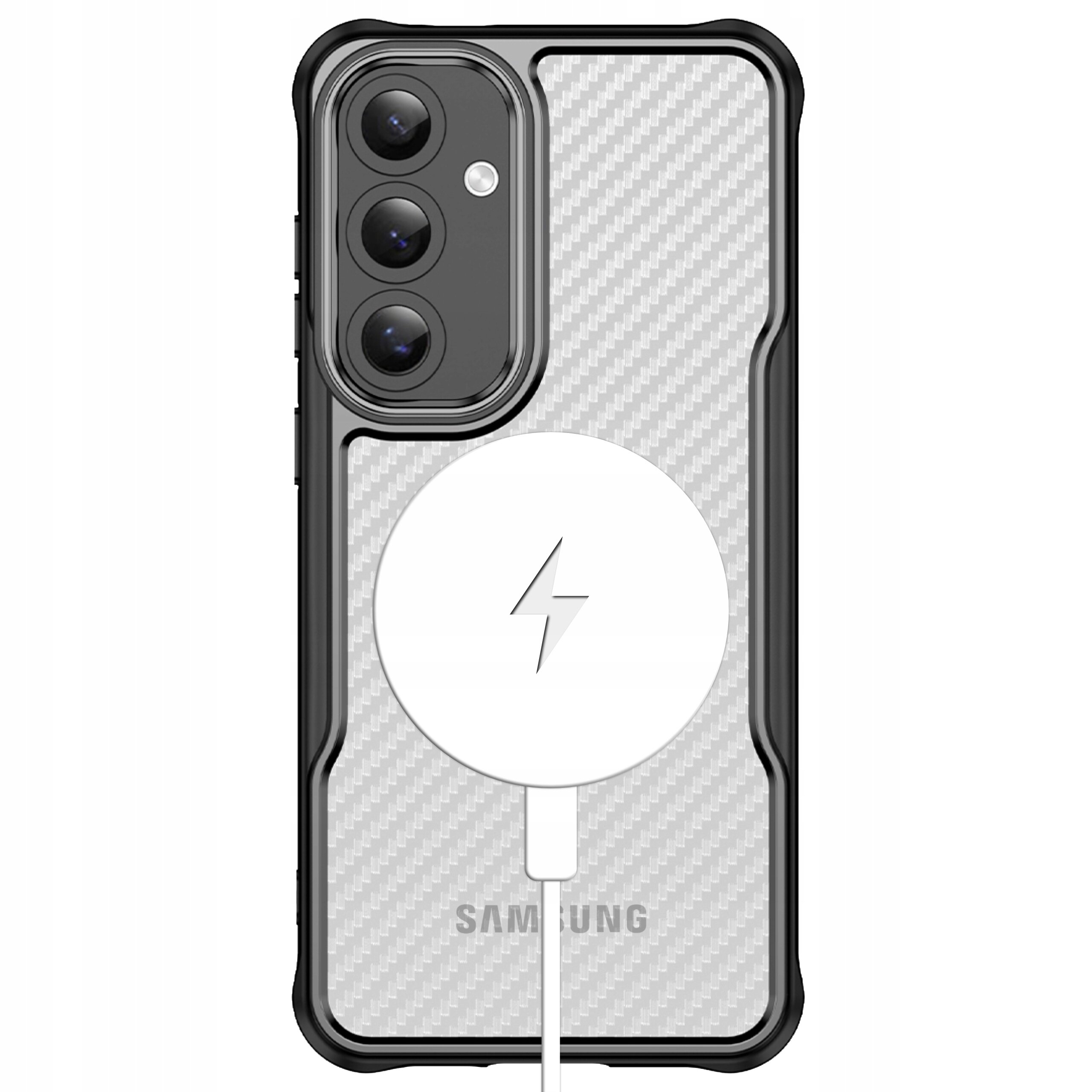 Obraz przedstawia tył telefonu Samsung w czarnym, wzmocnionym etui z widocznym okrągłym elementem MagSafe. Na etui znajduje się napis \'SAMSUNG\'.
