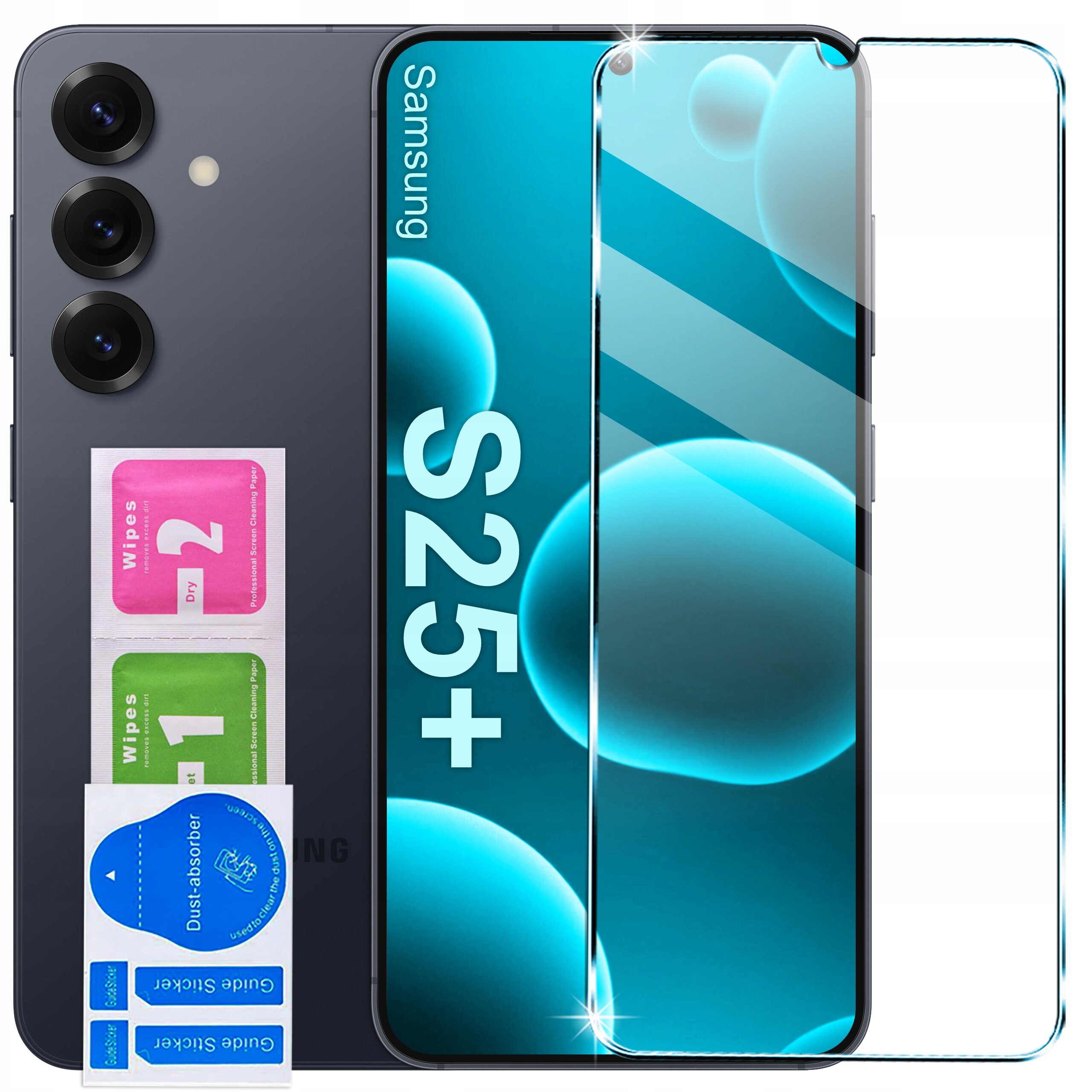 Na obrazie widoczny jest telefon Samsung S25+ z trzema aparatami z tyłu oraz szkłem ochronnym na ekranie. Obok znajdują się trzy ściereczki do czyszczenia oznaczone jako \'Wipes 1\', \'Wipes 2\' i \'Dust-absorber\'.
