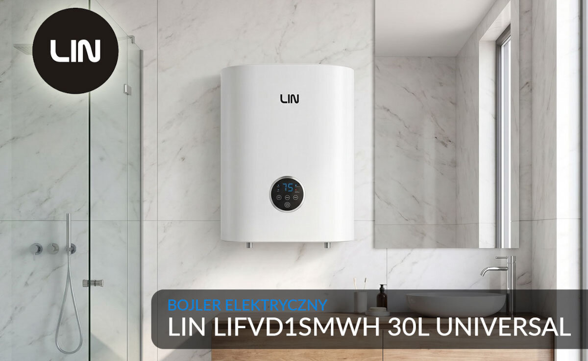 BOJLER ELEKTRYCZNY LIN LIFVD1SMWH Bojler elektryczny LIN 100 l z modułem Wi‑Fi zamontowany na ścianie łazienki. Grafika prezentuje model i jego design