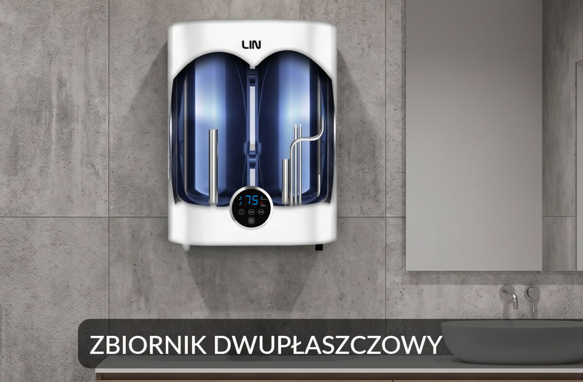 BOJLER ELEKTRYCZNY LIN LIFVD1SMWH Przekrój bojlera prezentujący dwupłaszczowy zbiornik. Grafika pokazuje budowę wewnętrzną urządzenia emaliowana stal anoda magnezowa IPX4 ochrona przed przegrzaniem zabezpieczenie przed suchobiegiem