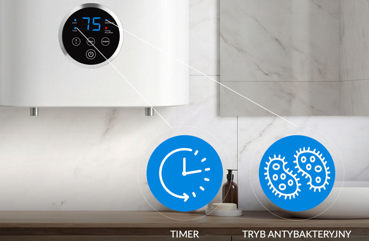 BOJLER ELEKTRYCZNY LIN LIFVD1SMWH Panel sterowania bojlera z ikonami timera i trybu antybakteryjnego. Pokaz najważniejszych funkcji urządzenia timer grzania tryb antybakteryjny utrzymanie temperatury harmonogram pracy