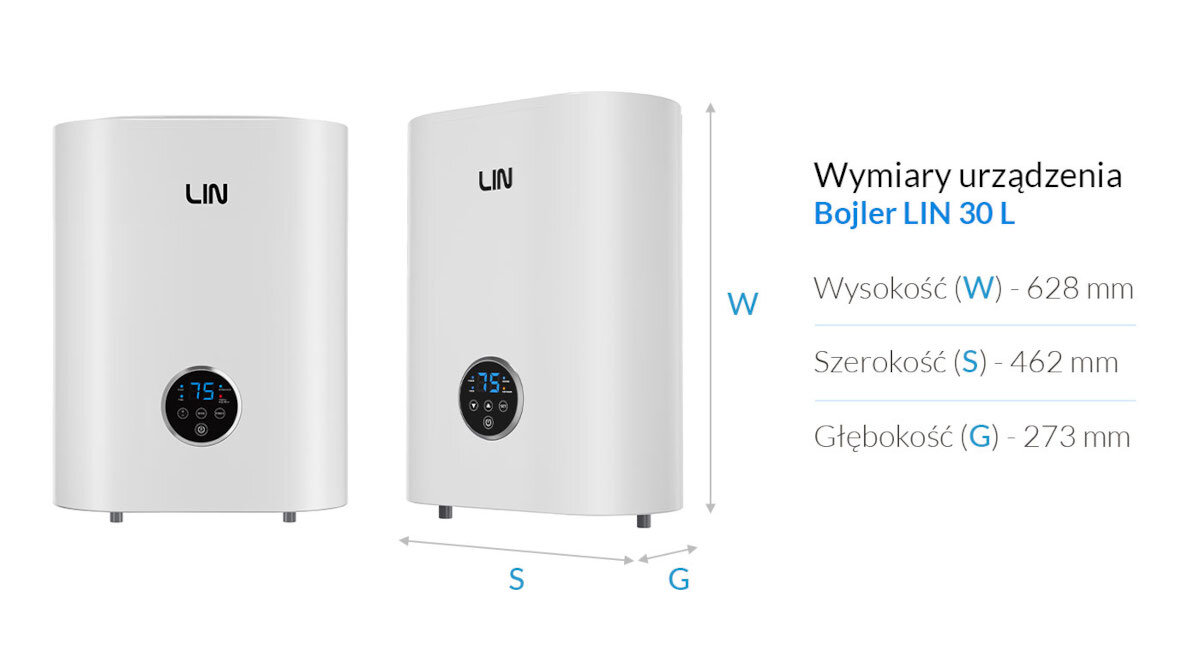 BOJLER ELEKTRYCZNY LIN LIFVD1SMWH Grafika przedstawia bojler LIN 30 l z zaznaczonymi wymiarami: wysokość 1146 mm, szerokość 542 mm i głębokość 313 mm kompaktowe wymiary wysokość szerokość głębokość