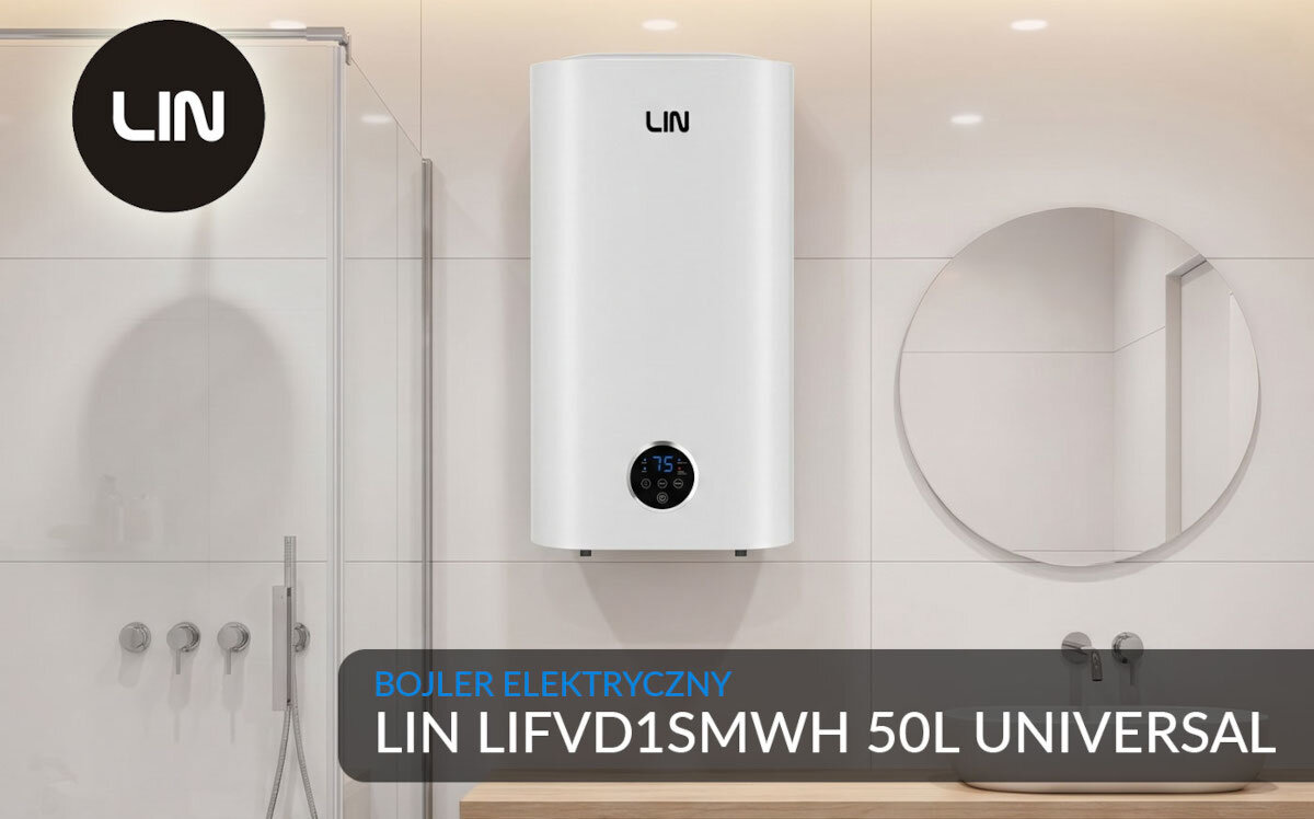 BOJLER ELEKTRYCZNY LIN LIFVD1SMWH Bojler elektryczny LIN 100 l z modułem Wi‑Fi zamontowany na ścianie łazienki. Grafika prezentuje model i jego design