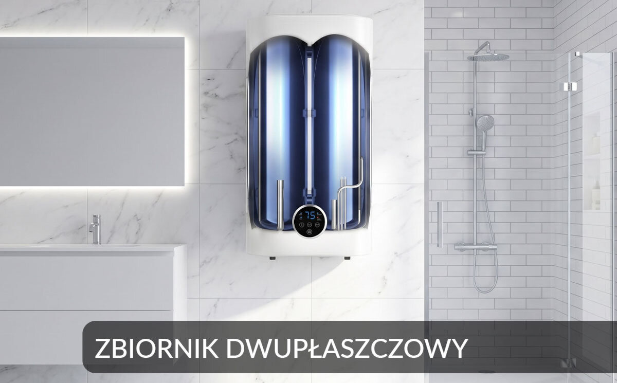 BOJLER ELEKTRYCZNY LIN LIFVD1SMWH Przekrój bojlera prezentujący dwupłaszczowy zbiornik. Grafika pokazuje budowę wewnętrzną urządzenia emaliowana stal anoda magnezowa IPX4 ochrona przed przegrzaniem zabezpieczenie przed suchobiegiem