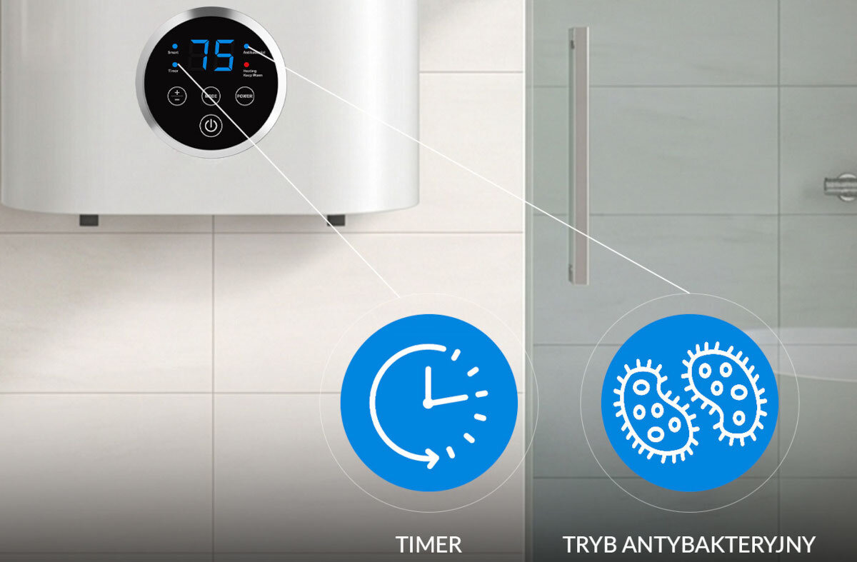 BOJLER ELEKTRYCZNY LIN LIFVD1SMWH Panel sterowania bojlera z ikonami timera i trybu antybakteryjnego. Pokaz najważniejszych funkcji urządzenia timer grzania tryb antybakteryjny utrzymanie temperatury harmonogram pracy