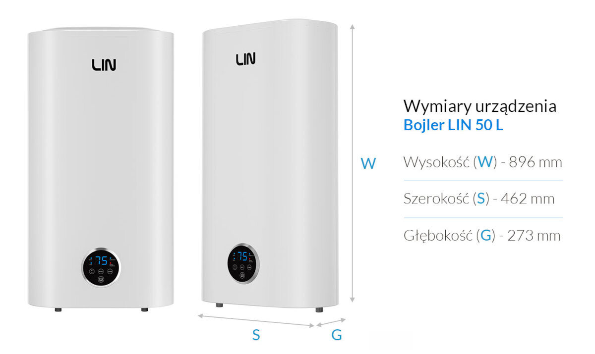 BOJLER ELEKTRYCZNY LIN LIFVD1SMWH Grafika przedstawia bojler LIN 30 l z zaznaczonymi wymiarami: wysokość 1146 mm, szerokość 542 mm i głębokość 313 mm kompaktowe wymiary wysokość szerokość głębokość