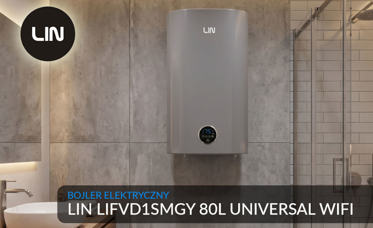 BOJLER ELEKTRYCZNY LIN LIFVD1SMGY Bojler elektryczny LIN 100 l z modułem Wi‑Fi zamontowany na ścianie łazienki. Grafika prezentuje model i jego design