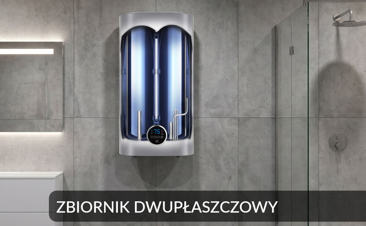 BOJLER ELEKTRYCZNY LIN LIFVD1SMGY Przekrój bojlera prezentujący dwupłaszczowy zbiornik. Grafika pokazuje budowę wewnętrzną urządzenia emaliowana stal anoda magnezowa IPX4 ochrona przed przegrzaniem zabezpieczenie przed suchobiegiem