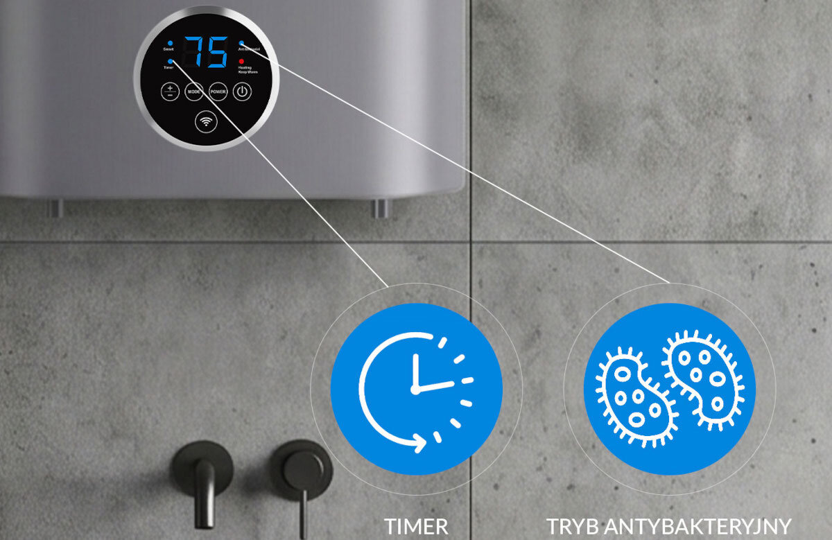 BOJLER ELEKTRYCZNY LIN LIFVD1SMGY Panel sterowania bojlera z ikonami timera i trybu antybakteryjnego. Pokaz najważniejszych funkcji urządzenia timer grzania tryb antybakteryjny utrzymanie temperatury harmonogram pracy