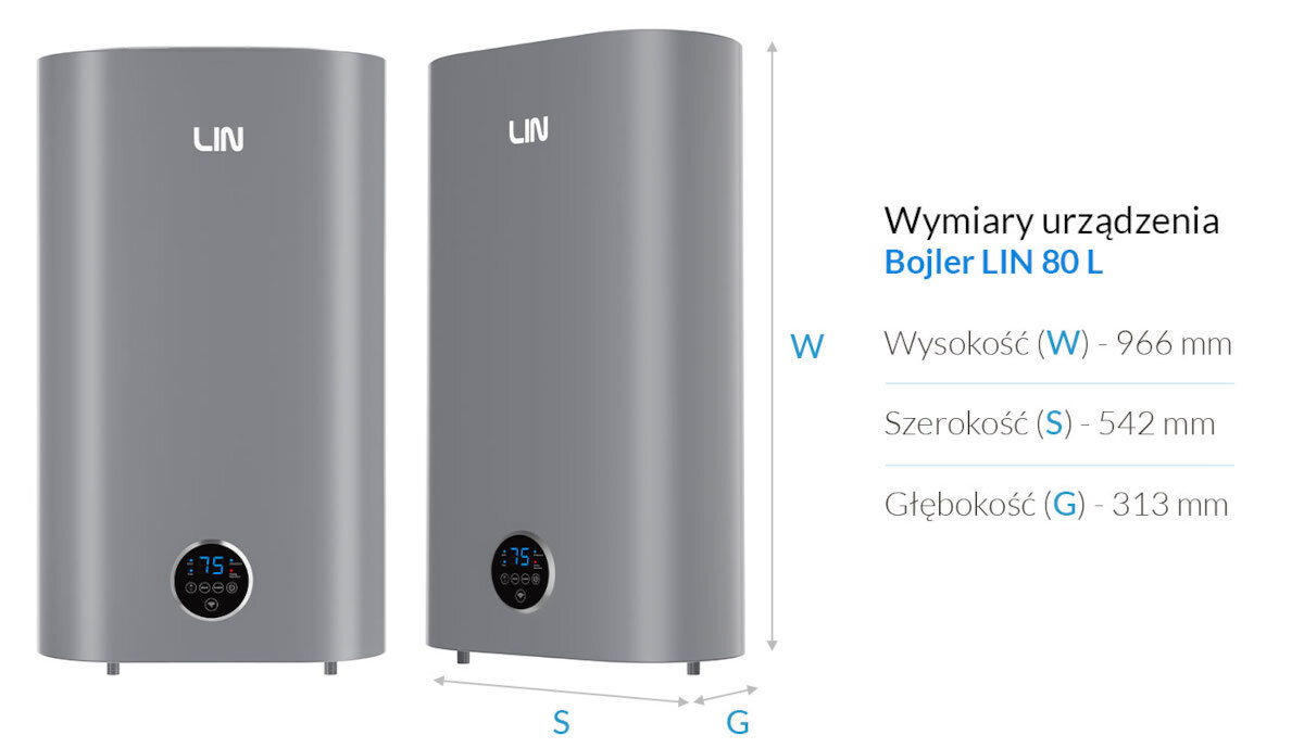 BOJLER ELEKTRYCZNY LIN LIFVD1SMGY Grafika przedstawia bojler LIN 100 l z zaznaczonymi wymiarami: wysokość 1146 mm, szerokość 542 mm i głębokość 313 mm kompaktowe wymiary wysokość szerokość głębokość