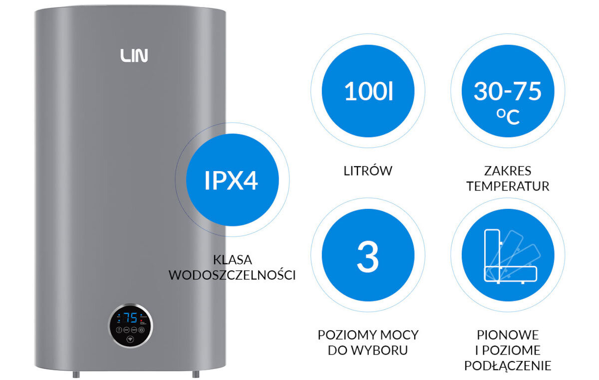 Obraz przedstawia szary bojler elektryczny z logo \'LIN\' na górze. Obok znajdują się informacje: \'IPX4 KLASA WODOSZCZELNOŚCI\', \'100 l LITRÓW\', \'30-75 °C ZAKRES TEMPERATUR\', \'3 POZIOMY MOCY DO WYBORU\', \'PIONOWE I POZIOME PODŁĄCZENIE\'.