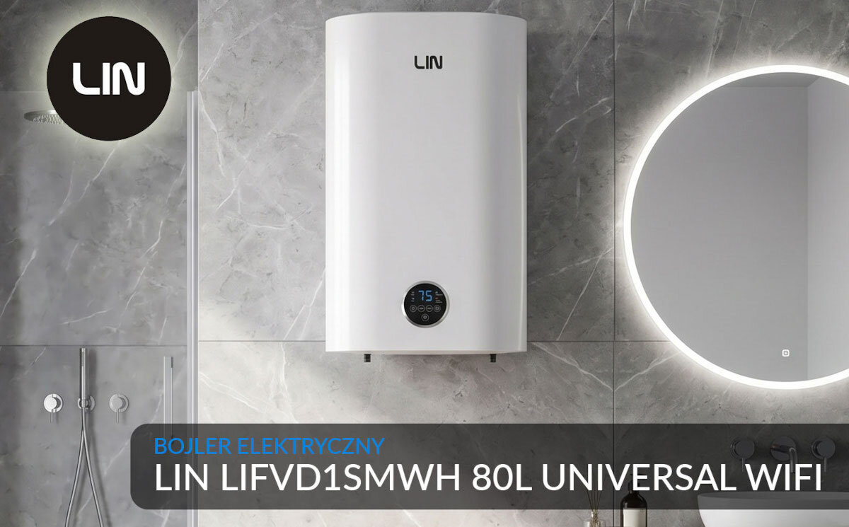 BOJLER ELEKTRYCZNY LIN LIFVD1SMWH Bojler elektryczny LIN 100 l z modułem Wi‑Fi zamontowany na ścianie łazienki. Grafika prezentuje model i jego design