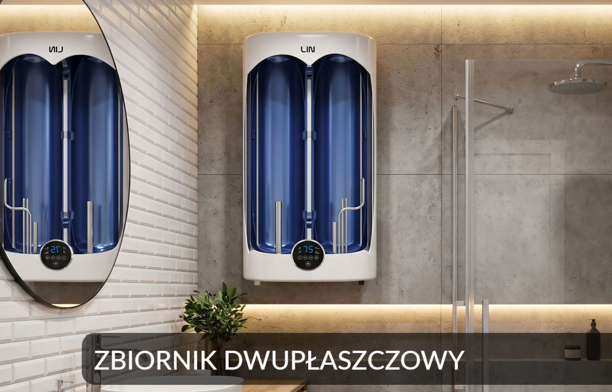 BOJLER ELEKTRYCZNY LIN LIFVD1SMWH Przekrój bojlera prezentujący dwupłaszczowy zbiornik. Grafika pokazuje budowę wewnętrzną urządzenia emaliowana stal anoda magnezowa IPX4 ochrona przed przegrzaniem zabezpieczenie przed suchobiegiem