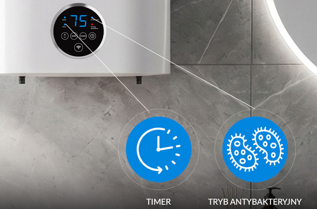 BOJLER ELEKTRYCZNY LIN LIFVD1SMWH Panel sterowania bojlera z ikonami timera i trybu antybakteryjnego. Pokaz najważniejszych funkcji urządzenia timer grzania tryb antybakteryjny utrzymanie temperatury harmonogram pracy