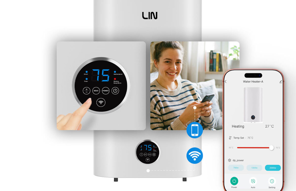 BOJLER ELEKTRYCZNY LIN LIFVD1SMWH Bojler obsługiwany za pomocą panelu sterowania i aplikacji mobilnej Wi‑Fi. Grafika prezentuje zdalne zarządzanie ustawieniami urządzenia WiFi aplikacja mobilna zdalne sterowanie bojler smart home kontrola temperatury