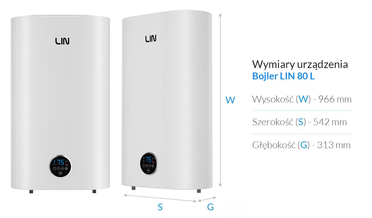 BOJLER ELEKTRYCZNY LIN LIFVD1SMWH Grafika przedstawia bojler LIN 100 l z zaznaczonymi wymiarami: wysokość 1146 mm, szerokość 542 mm i głębokość 313 mm kompaktowe wymiary wysokość szerokość głębokość
