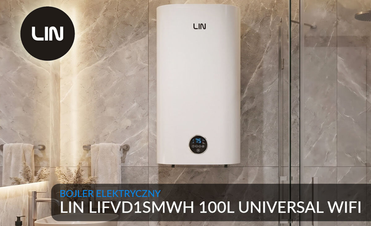 BOJLER ELEKTRYCZNY LIN LIFVD1SMWH Bojler elektryczny LIN 100 l z modułem Wi‑Fi zamontowany na ścianie łazienki. Grafika prezentuje model i jego design