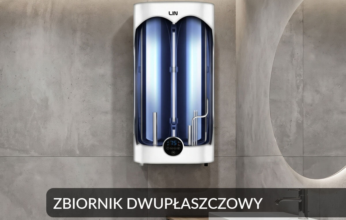 BOJLER ELEKTRYCZNY LIN LIFVD1SMWH Przekrój bojlera prezentujący dwupłaszczowy zbiornik. Grafika pokazuje budowę wewnętrzną urządzenia emaliowana stal anoda magnezowa IPX4 ochrona przed przegrzaniem zabezpieczenie przed suchobiegiem