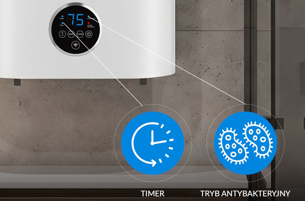 BOJLER ELEKTRYCZNY LIN LIFVD1SMWH Panel sterowania bojlera z ikonami timera i trybu antybakteryjnego. Pokaz najważniejszych funkcji urządzenia timer grzania tryb antybakteryjny utrzymanie temperatury harmonogram pracy