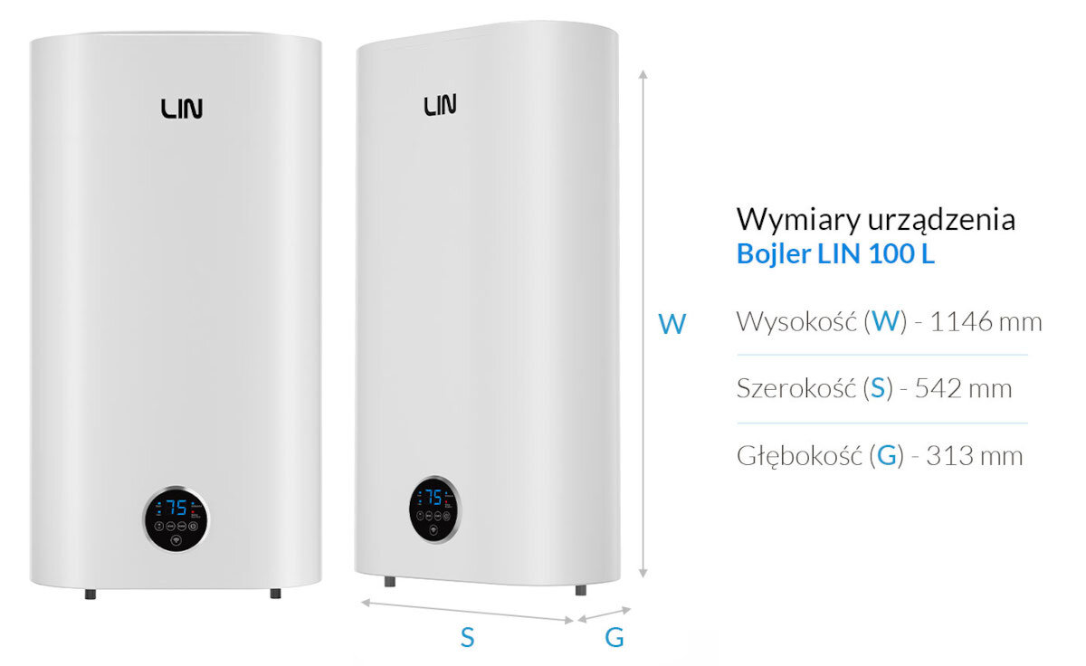 BOJLER ELEKTRYCZNY LIN LIFVD1SMWH Grafika przedstawia bojler LIN 100 l z zaznaczonymi wymiarami: wysokość 1146 mm, szerokość 542 mm i głębokość 313 mm kompaktowe wymiary wysokość szerokość głębokość
