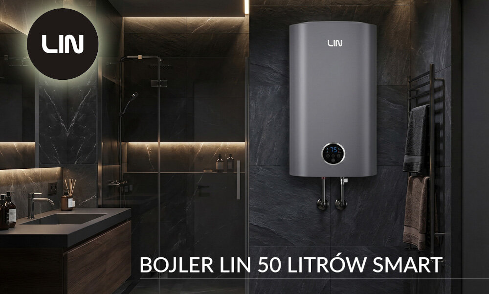 W eleganckiej łazience z ciemnymi ścianami i nowoczesnym wystrojem znajduje się szary bojler elektryczny z logo LIN. Na obrazie widoczny jest napis: \'BOJLER LIN 50 LITRÓW SMART\'.