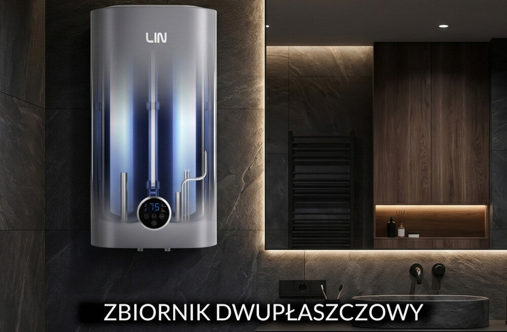 Na ścianie wisi szary bojler elektryczny z logo \'LIN\' i wyświetlaczem pokazującym temperaturę 75. W dolnej części obrazu widnieje napis \'ZBIORNIK DWUPŁASZCZOWY\'.