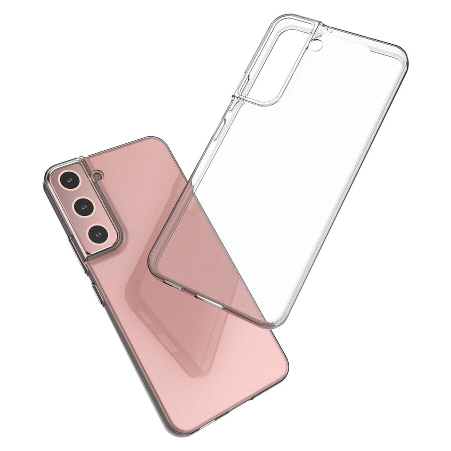 Obraz przedstawia przezroczysty żelowy pokrowiec na telefon, obok którego znajduje się różowy smartfon z trzema aparatami z tyłu. Pokrowiec jest cienki i dopasowany do kształtu telefonu.
