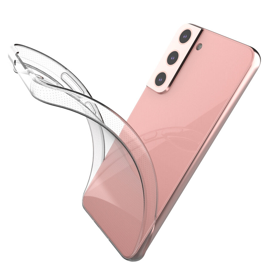 Obraz przedstawia przezroczysty żelowy pokrowiec na różowy smartfon z trzema aparatami z tyłu.