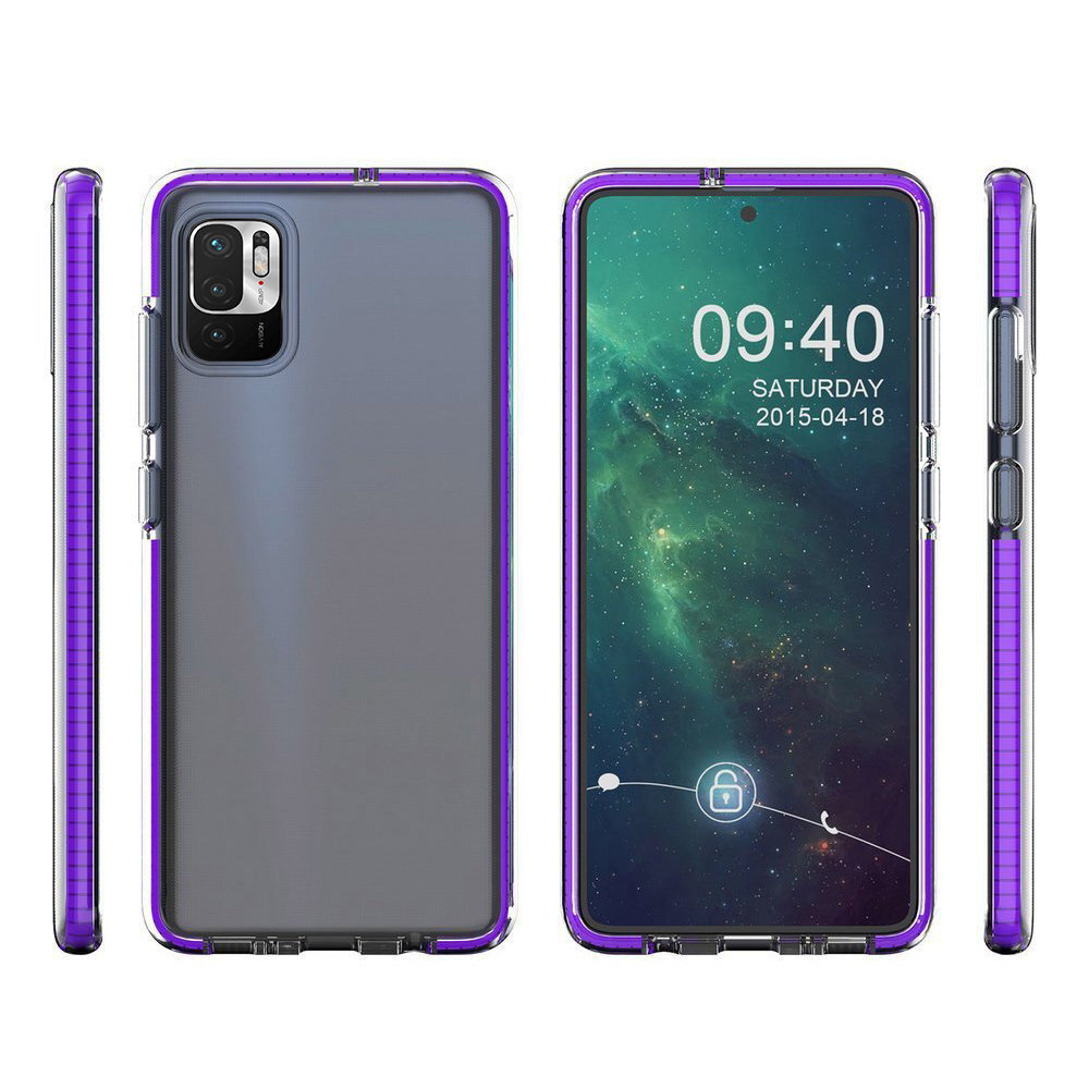 Obraz przedstawia telefon w ciemnoróżowym, żelowym etui z kolorową ramką. Na ekranie telefonu widoczna jest godzina 09:40 oraz data SATURDAY 2015-04-18.