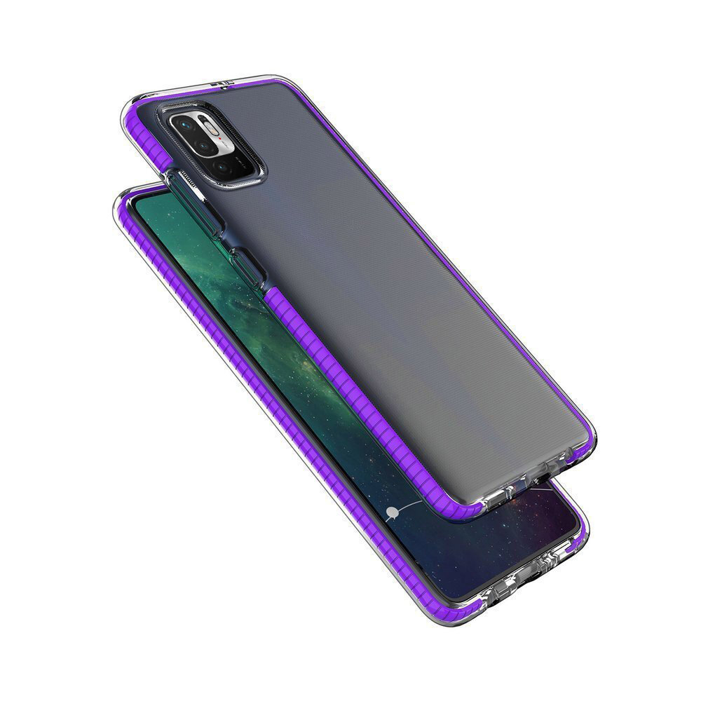 Obraz przedstawia przezroczyste etui na telefon z ciemnoróżową ramką, dopasowane do modelu Xiaomi Redmi Note 10 5G lub Poco M3 Pro. Etui jest pokazane w pozycji otwartej, z widocznym miejscem na aparat i ekran telefonu.