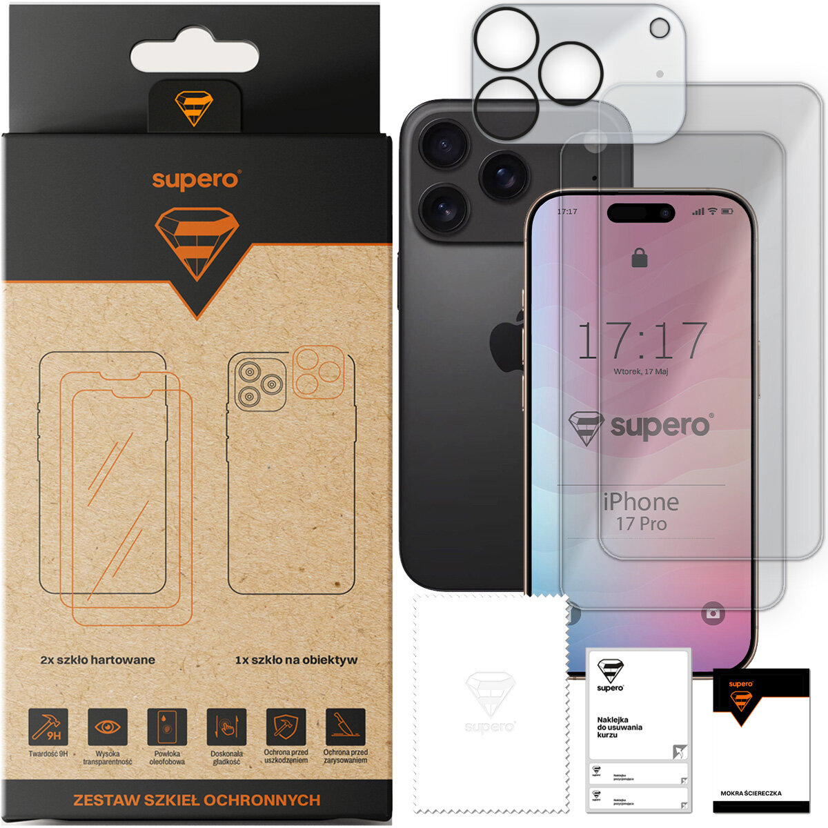 Na obrazie widoczny jest zestaw szkieł ochronnych Supero do iPhone 17 Pro, w tym szkło hartowane na ekran i szkło na obiektyw. Opakowanie zawiera logo Supero oraz informacje o właściwościach produktu, takich jak twardość 9H i ochrona przed zarysowaniami.